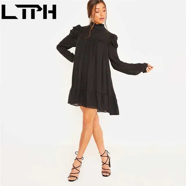 LTPH Special Sales Loose Elegant women dress Puff Sleeve Turtleneck Ruffles A-Line plus size Chiffon Dresses 2021 Spring New 1