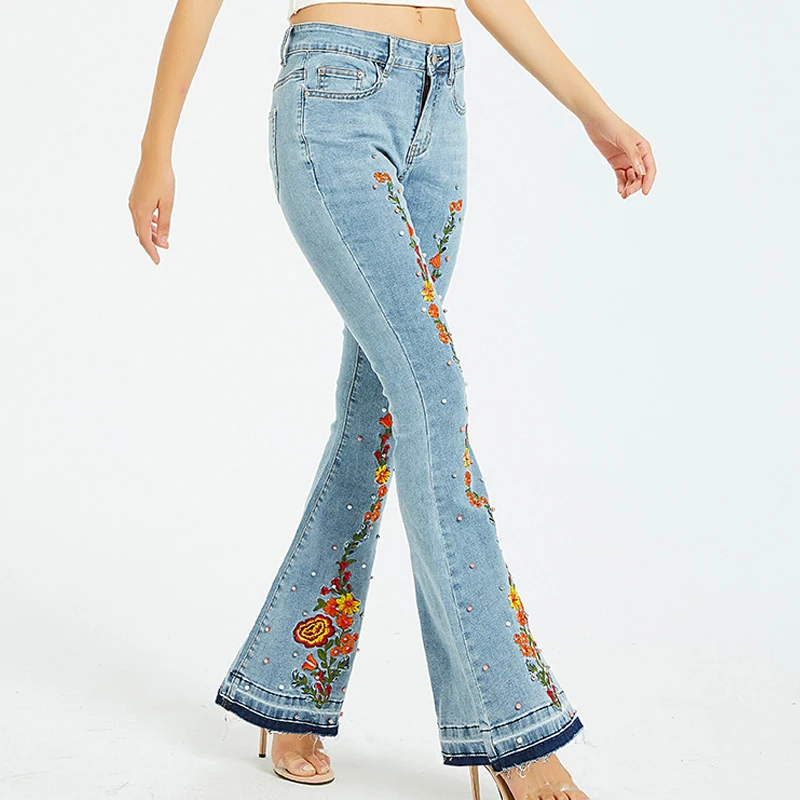 Womens Floral Embroidered Jeans Stretch Skinny Pearl Jeans For Women Plus Size Bell Bottom Flare Jeans Mom Wide Leg Denim Pants