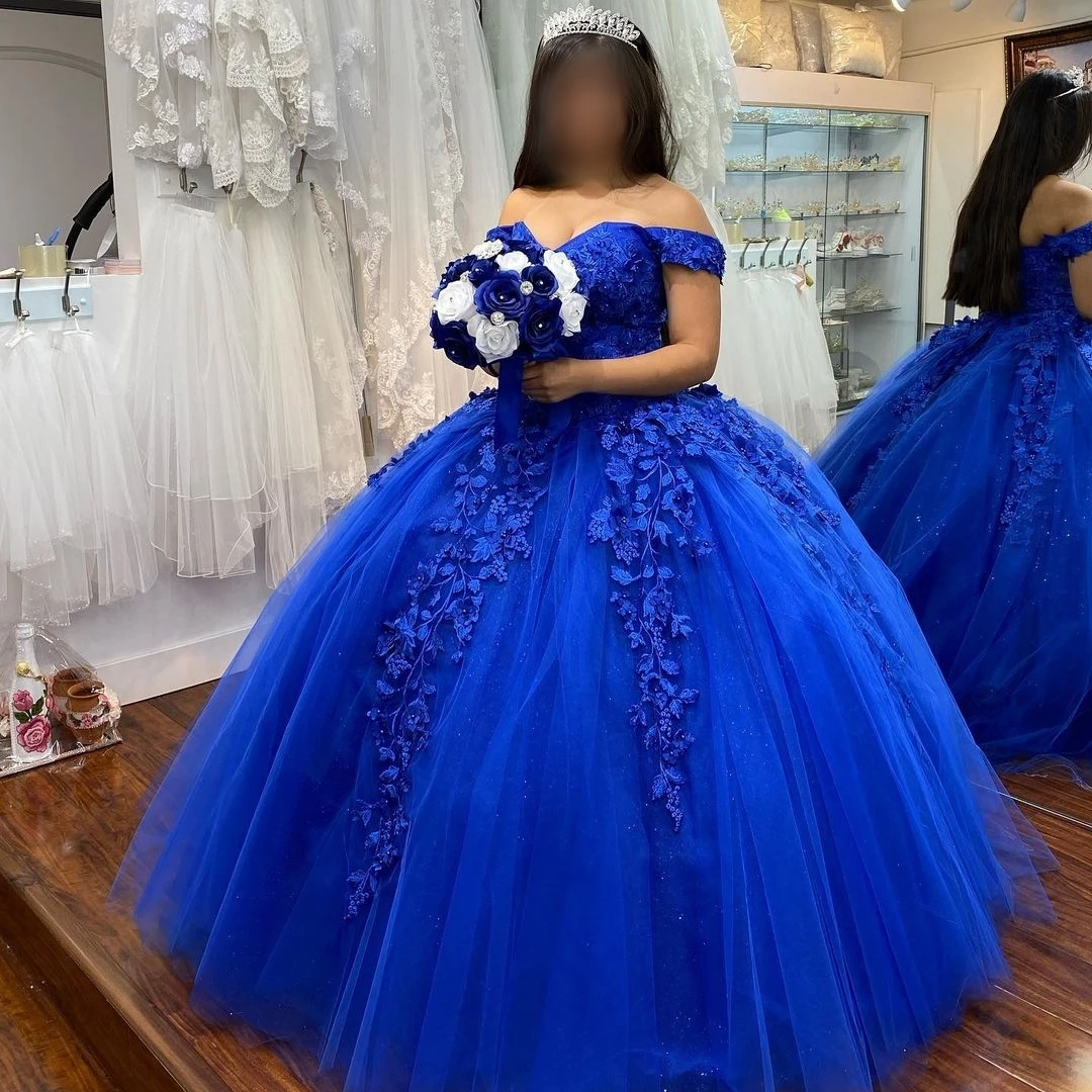 

Royal Blue vestidos de 15 años 2021 Puffy Quinceanera Dress Sweet 16 Dress Off-the-Shoulder Long Prom Gown Tulle Lace