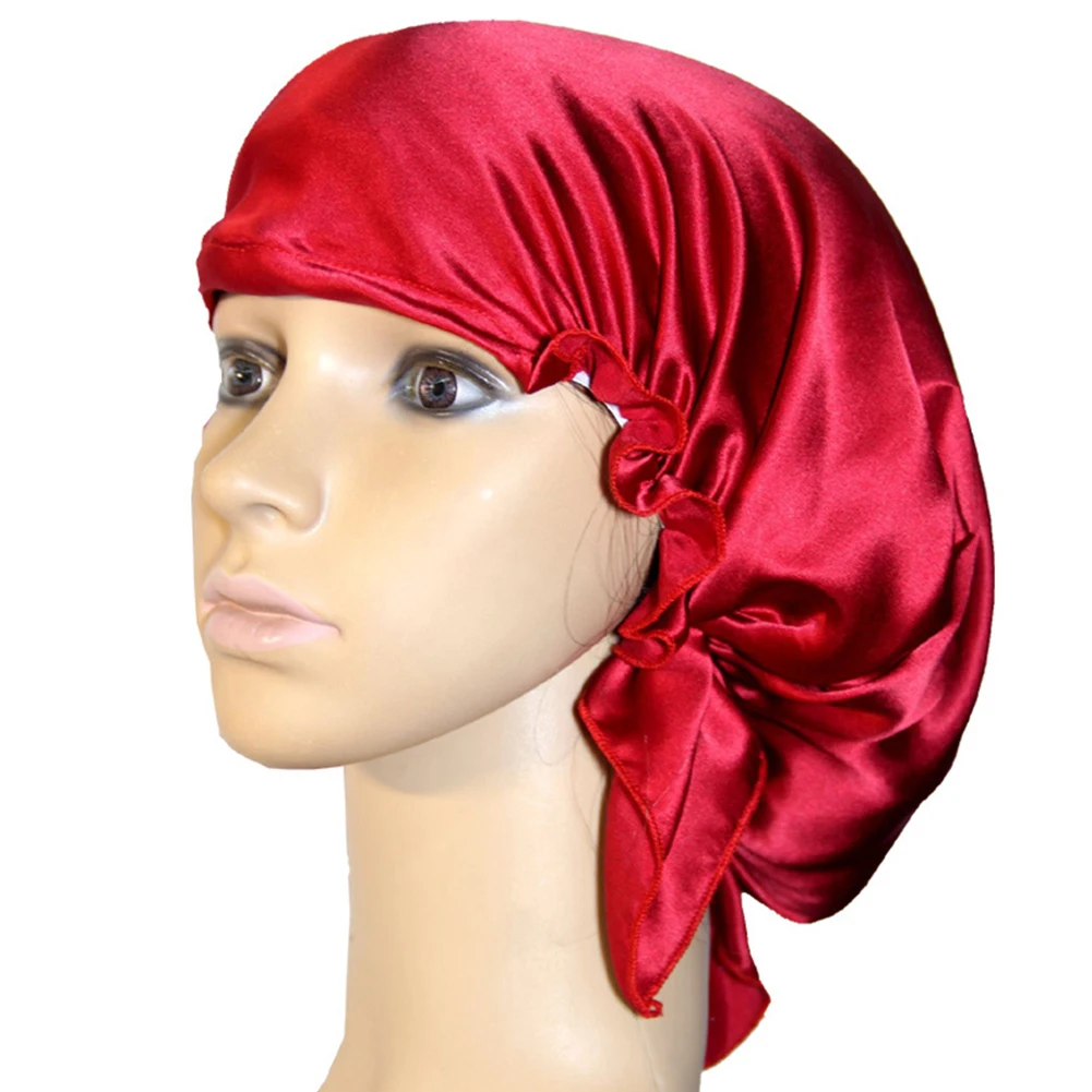 Женский обертывающий колпак для сна, шелковая атласная домашняя Ночная шапочка, регулируемый Уход за волосами - Color: Wine Red