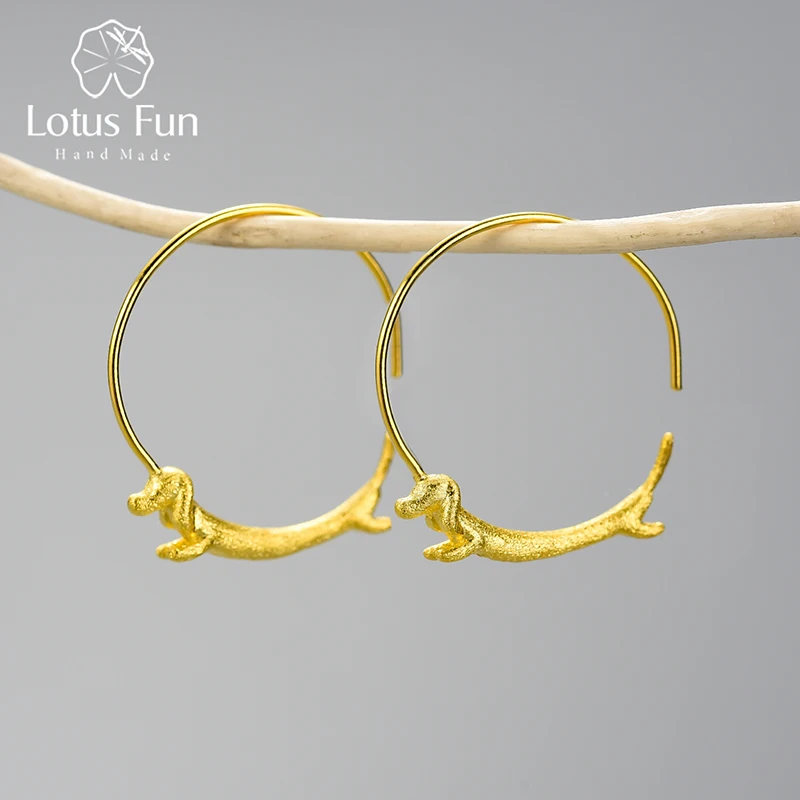 Silver Hoop Earrings Lotus Fun Lovely Flying Dachshund Dog Big Round Hoop Earrings Real 925 Sterling Silver 18K Gold Earrings for Women Fine Jewelry