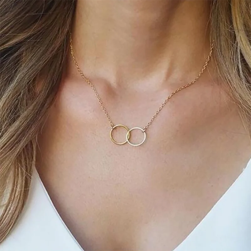 新ファッションクリエイティブダブルリングゴールドカラー厚いサークルネックレスロックインラウンド鎖骨チェーン女性ジュエリーチョーカー女の子ギフト チェーンネックレス Aliexpress