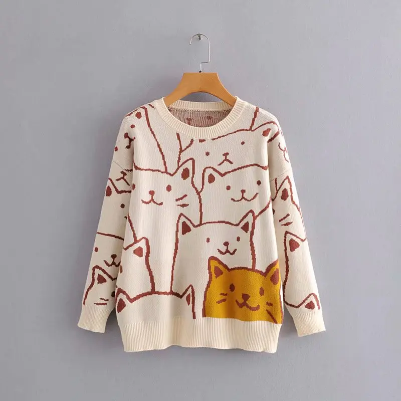 

Women Sweater Autumn 2019 Pull Femme Casual Jumper Cartoon pattern beige female sweater loose sweater basic knitted sweater
