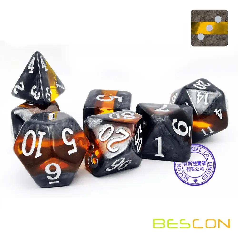 Bescon Mineral Rocks GEM VINES Polyhedral D&D Dice Set of 7, RPG Role Playing Game Dice 7pcs Set of AMBER 2