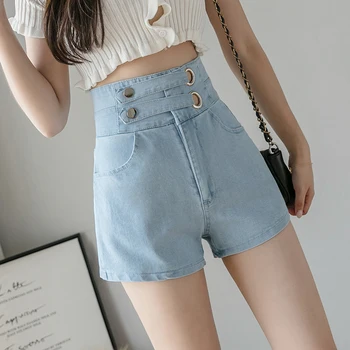 

2020 New Chic High Waist Buttons Denim Shorts Women Summer Casual Jean Shorts Woman Blue Shorts
