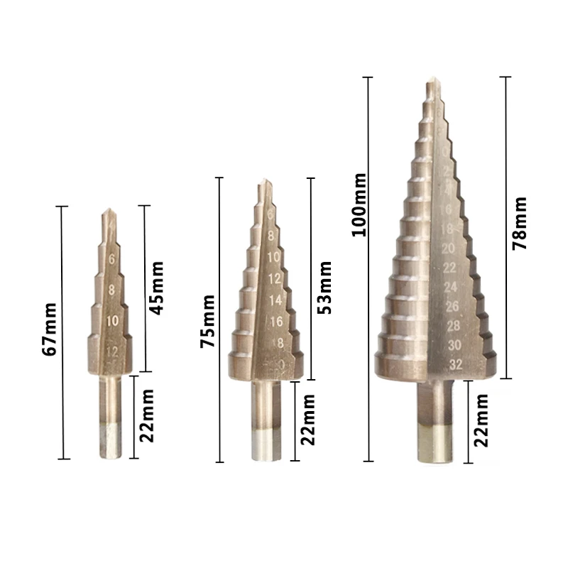 3pcs 4-12/20/32 Step Drill Bit Set HSS TiCN Coated Core Drill Bit Spiral Hole Cutter Straight Shank Step Cone Drill Metric Pagod