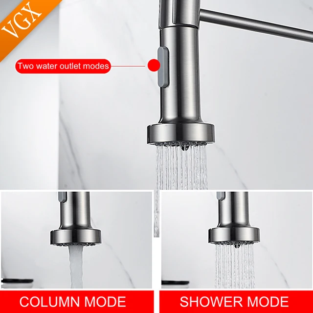 VGX Kitchen Faucet with Pull Down Sprayer Single Handle Mixer for Basin 360° Rotating Spring Style Taps Brass Chrome Gold Black 4
