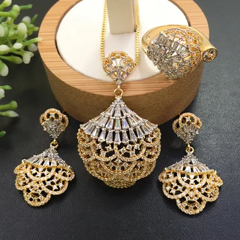 

Lanyika Jewelry Graceful Skirt Hem Circle Micro Plated Necklace with Earrings and Ring for Engagement Trendy Gift