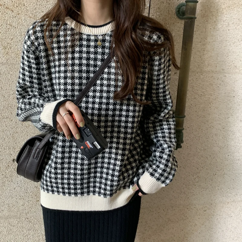 

Winter casual knit sweater ladies slim thousand bird plaid long-sleeved pullover warm large size soft foreign knitwear 2019 new