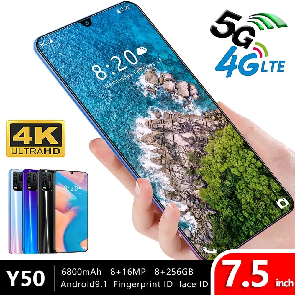 Original Global Version Y50 7.5-inch large screen smart Android phone 8GB RAM 6800mah Send mobile phone case 4G LTE Smartphone