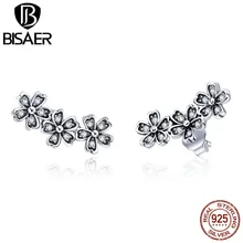 BISAER, серебряные серьги, S925, 3 элемента, CZ, белая Маргаритка, серьги-гвоздики для женщин, пуш-ап, модные серебряные ювелирные изделия, HSE419