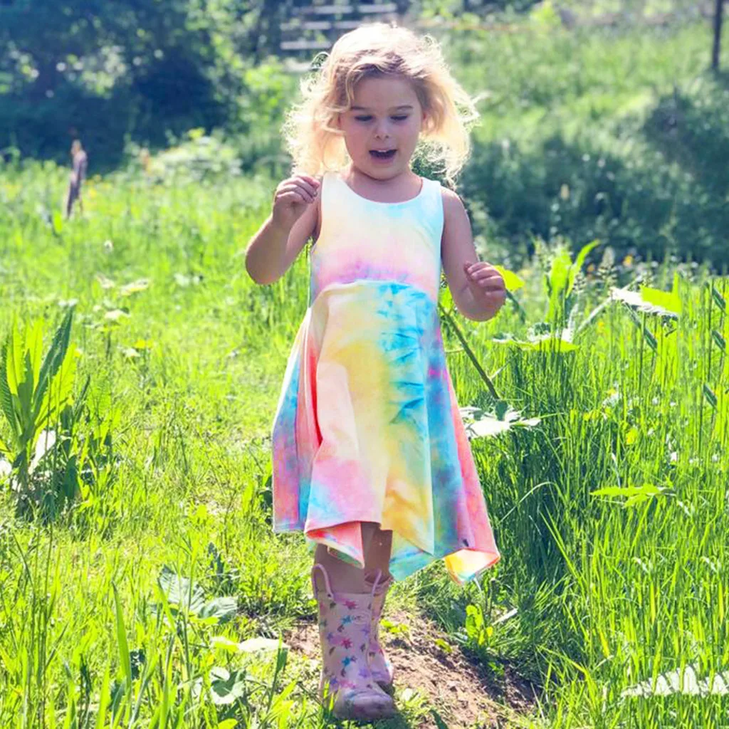 Одежда для маленьких девочек платье принцессы с радужным принтом милая без