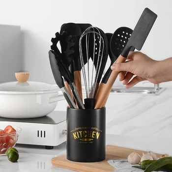 

Silicone Kitchenware Set 10Pcs Kitchen Cooking Utensils Set Heat Resistant Kitchen Tools Wooden Handle with Storage Barrel