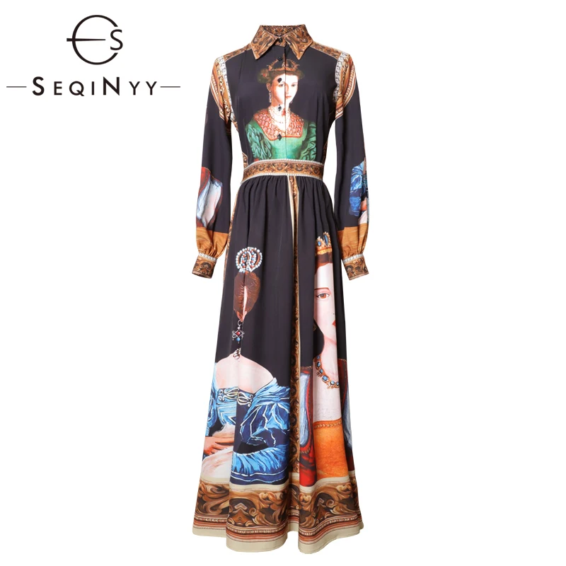 SEQINYY, Элегантное Длинное платье, весна-осень, модный дизайн, женское винтажное платье трапециевидной формы с длинным рукавом и принтом