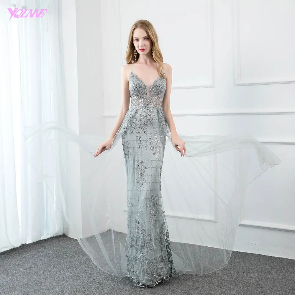 Серебристый YQLNNE Sexy Silver Bling Evening Dresses Long Backless Crystal Beaded Tulle Evening Party Gown Sleeveless - Цвет: Серебристый
