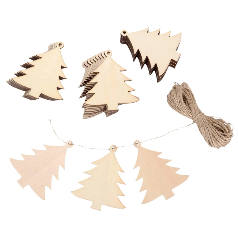 

30 Pieces Wood Christmas Tree Blanks Wooden Tree Embellishments with 10 Meters Natural Twine for Holiday Party Decoration