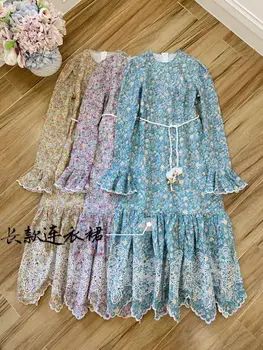 

2020 Autumn Women Long Dress Runway Fashion Designer Flare Sleeve Flower Print Vintage Slim Holiday Dresses