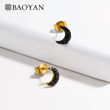 Маленькие серьги-гвоздики Baoyan с черной луной, розовое золото/серебро/золото, серьги из нержавеющей стали, стразы, серьги в форме полумесяца для женщин