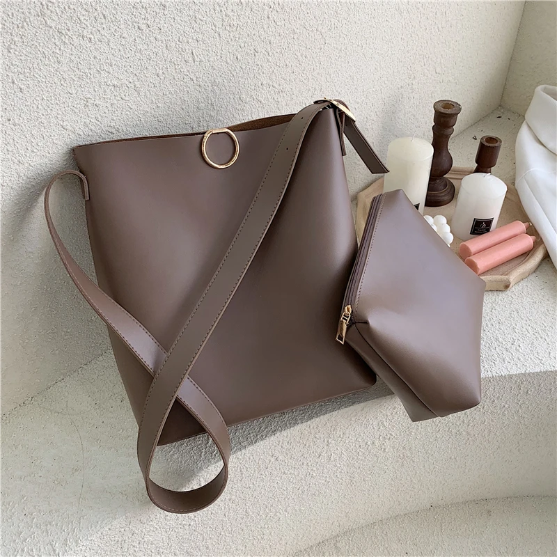 

Burminsa Soft Bucket Shoulder Bags For Women Large Capacity A4 Work Female Messenger Bags PU Leather Composite Bags Spring 2020