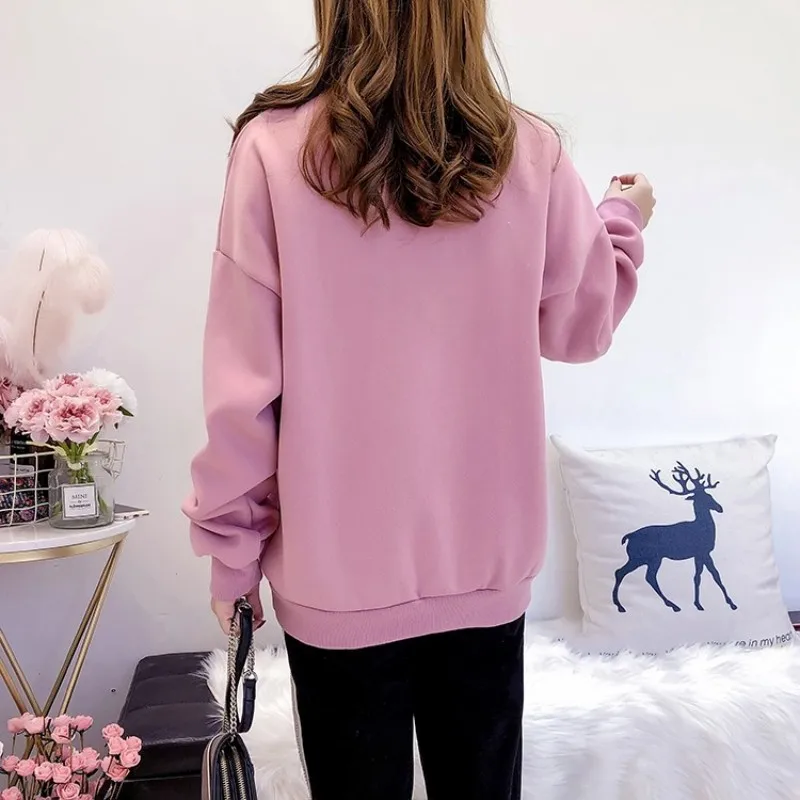 Зимние Повседневное кружевной пуловер, украшенный бисером теплая толстовка Для женщин Хай-стрит хлопчатобумажная внутренняя отделка; Длинная Детская толстовка с длинными рукавами и буквенным принтом, цвета розовый и черный