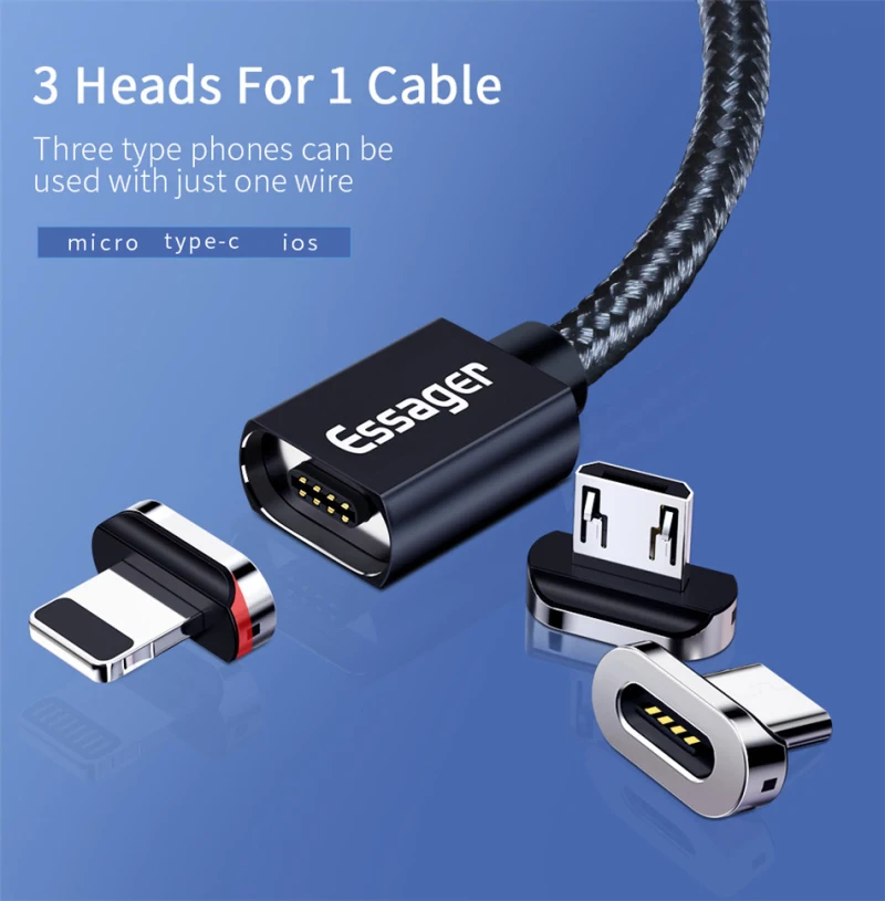 

Essager Magnetic Micro USB Cable For iPhone Samsung Fast Charging Data Wire Cord Magnet Charger USB Type C 3m Mobile Phone Cable