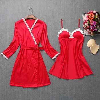 

халат Two-piece robe set with chest pads ladies sexy Nightgown thin lace charming sling women robe loose comfortable Sleepwear