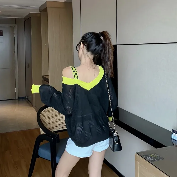 WHITNEY WANG Осенняя мода цвета контраст с плеча шнурок свитер женский джемпер sueter mujer invierno