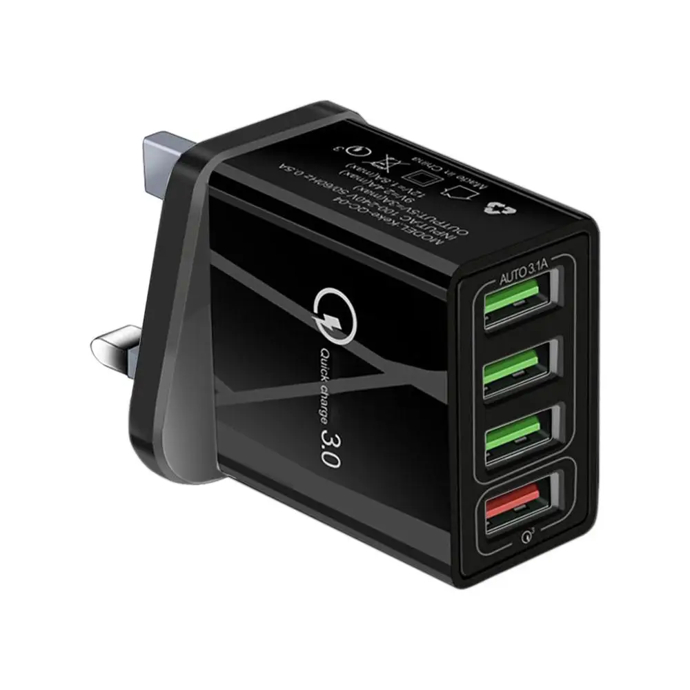 4 usb порта, настенное зарядное устройство QC3.0, быстрое зарядное устройство для телефона, штепсельная вилка США/ЕС/Великобритании, быстрая зарядка, 5 В, 3 А, зарядное устройство для мобильного телефона, для дома, офиса, путешествий - Тип штекера: Black UK