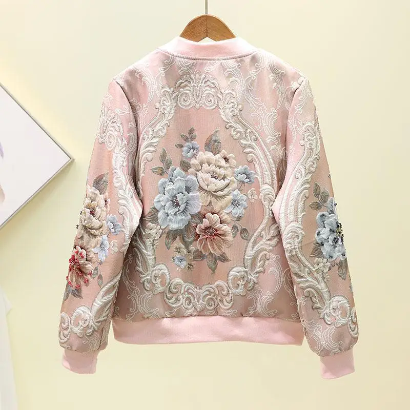 discounted  Womens Autumn Fashion Heavy Industry Nail Bead Baseball Clothes Diamonds Jacket 2019 Ladies Flowers