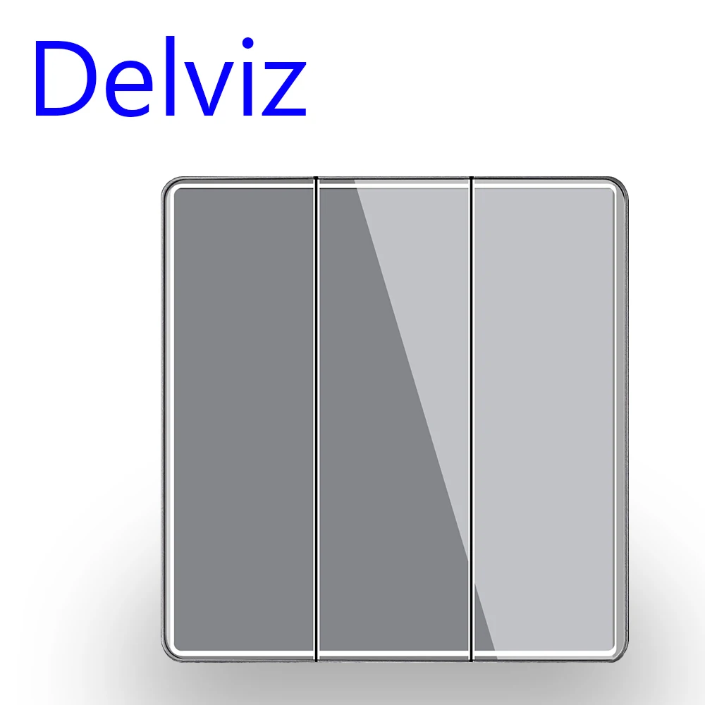 Delviz UK Standard 16A Switch, Grey Crystal glass panel, Embedded stairs button switch, 3 Gang 2 Way Household Wall Light Switch