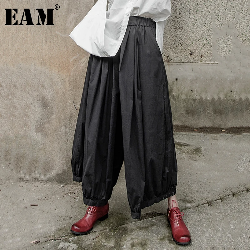 Loose-Pants Wide-Leg EAM Women Trousers Split Black High-Elastic Fashion Joint Pleated