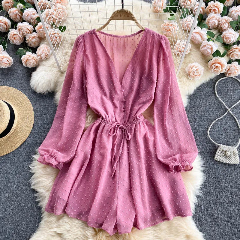 Women Dot Chiffon Rompers Long Sleeve V Neck Casual Loose