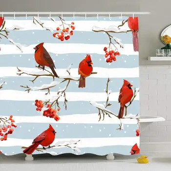 

Shower Curtain Set with Hooks 66x72 in Winter Birds Rowan Christmas Berries Pattern Retro Vintage Set Textures February Branch