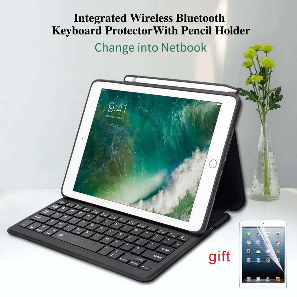 Для iPad Air 2 Чехол для клавиатуры Smart Bluetooth кожаный силиконовый чехол-Обложка для iPad 9,7 / Air 2 чехол с карандаш держатель