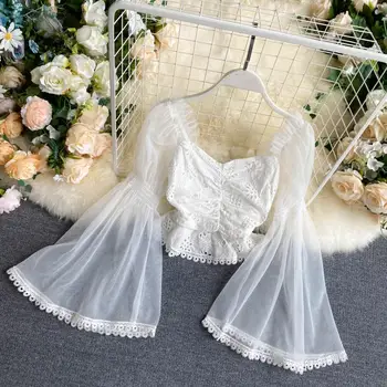 

Women Retro Style Flare Sleeve Patchwork Mesh Lace Blouse Top Short Design Casual Shirt Top