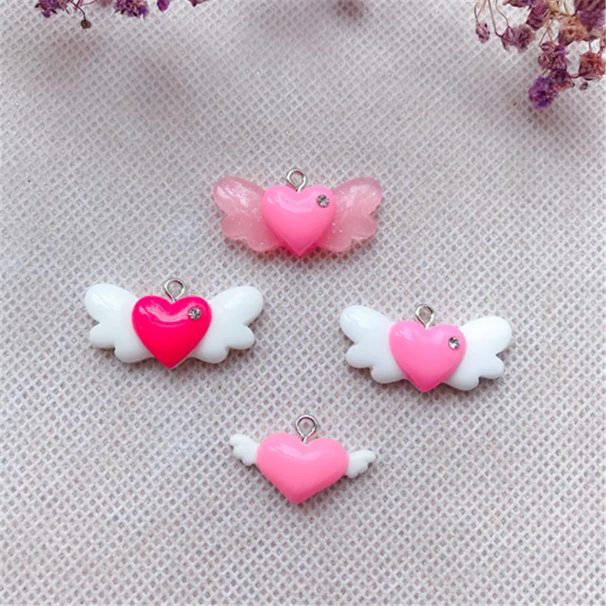 

10pcs 28*15mm and23mm*11mm Cute Multicolor Resin Flatback Heart With Wings For Necklace Keychain Pendant DIY Making Accessories