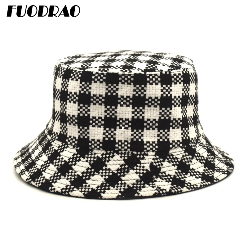 FUODRAO New Spring Autumn Women Hat White Black Plaid Bucket Hat Reversible Casual Panama Outdoor Fisherman Hat M78