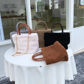 

Faux Fur Lamb Casual Winter Shoulder Bag for Women Top Handle Wool Female Briefcase Crossbody Bag Korean Style Ladies Handbag