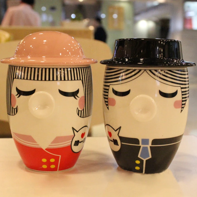 Пара мультяшных керамических чашек граффити чашка с крышкой креативная керамическая чашка пара свадебный подарок чашка - Цвет: A3