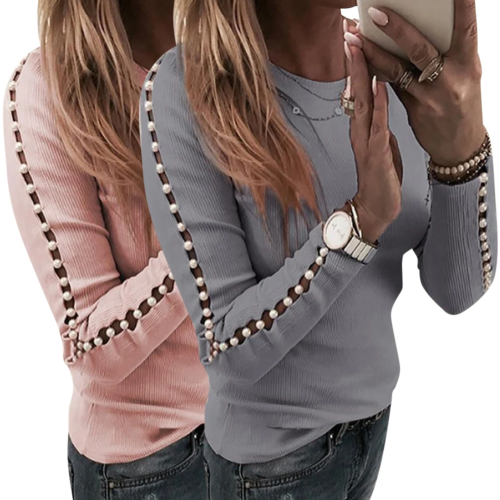 

New-coming Women Casual Round Neck Women's Tops And Blouses Lady Slim Hollow Out Beaded Sleeve Knitted Women Blouses Autumn Tops