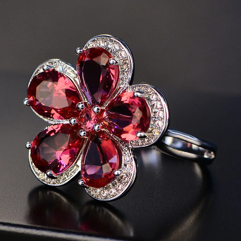GENUINEGEM Богемия Цветочный дизайн стерлингового серебра 925 рубиновый драгоценный камень комплекты украшений для женщин роскошное ожерелье серьги кольцо набор