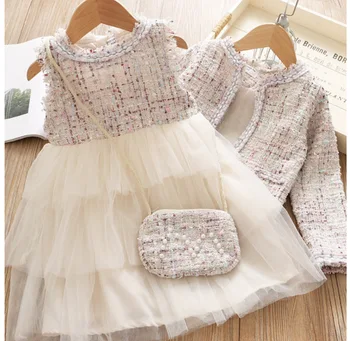 

2019 new girl baby elegant clothing set jacket +cake dress+bag girls kids fashion birthday party clothes sets 2-8T