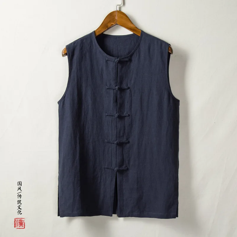 Traditional Chinese Clothing Men Cotton Linen Vests Sleeveless Waistcoat Casual Kung Fu Tai Chi Tang Suit Style Tops CN-130