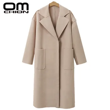 

OMCHION Autumn Winter Woolen Jacket Women Casual Warm Pockets Wool Coat Covered Button Solid Turn-down Collar Overcoat LMJ119