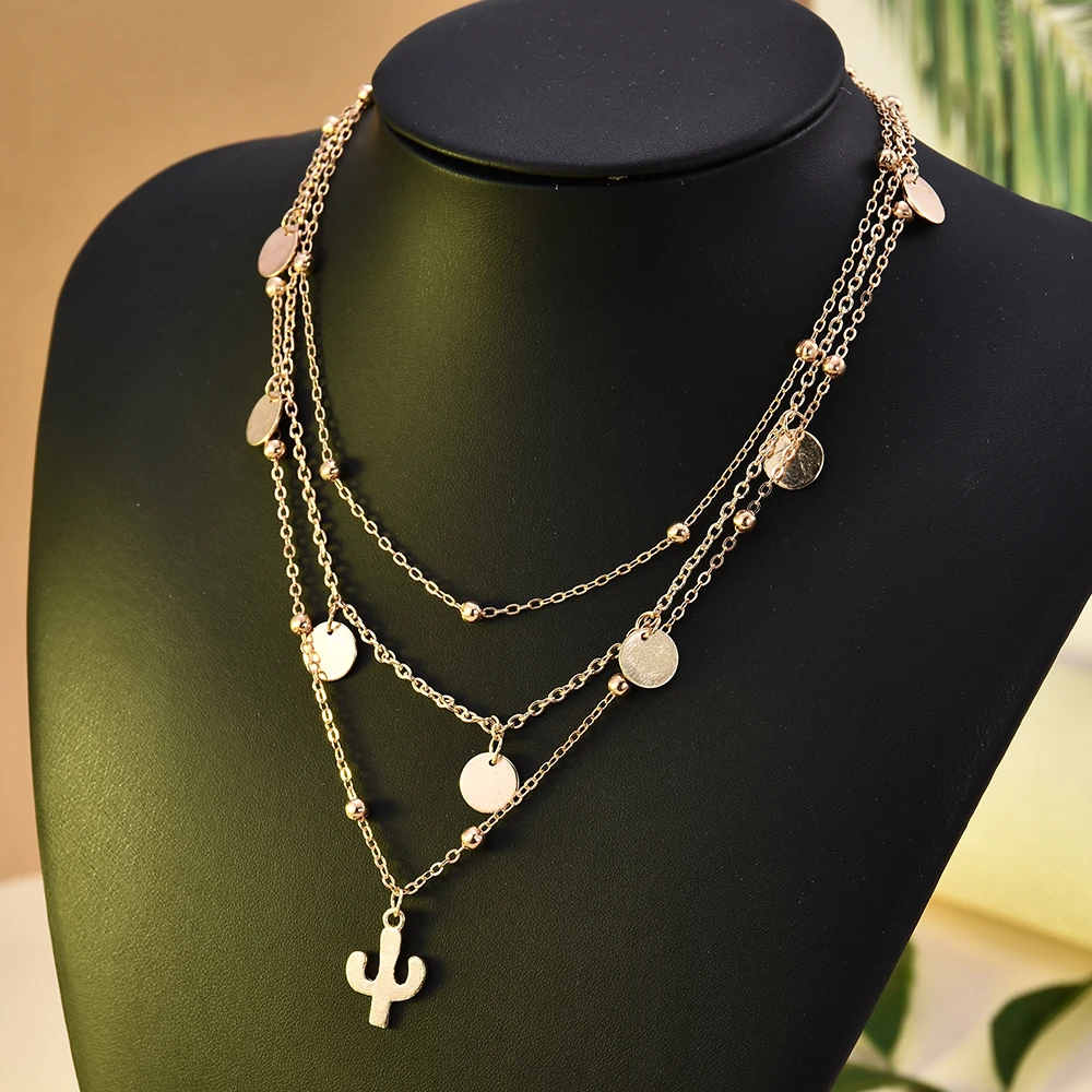 

Trendy Gold Multilayer Necklaces Boho Cactus Spirit Pendant Necklaces for Women 2019 Choker Jewelry Multi Strand Necklace