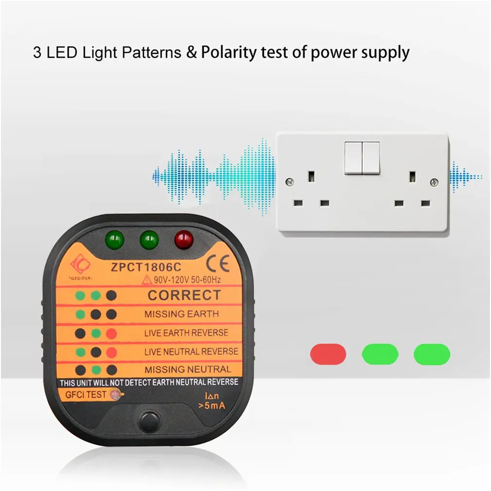 ZPCT1806B Outlet Socket Tester Detector Circuit Polarity Voltage Plug Breaker EU Ground Zero Line Switch Safety Electroscope