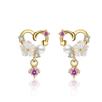 

Golden Lovely Heart White Pearl Colorful Pink Silver 925 Crystal Shinny Flower Earings For Female Luxury Women Wedding Jewerly