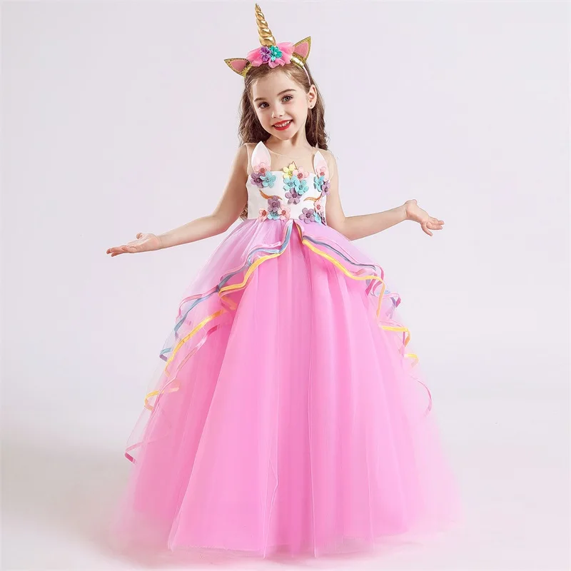 Детские Платья с цветочным рисунком для девочек; праздничное платье-пачка принцессы с единорогом; костюм; свадебное платье для девочек; Fantasia Infantil Vestidos