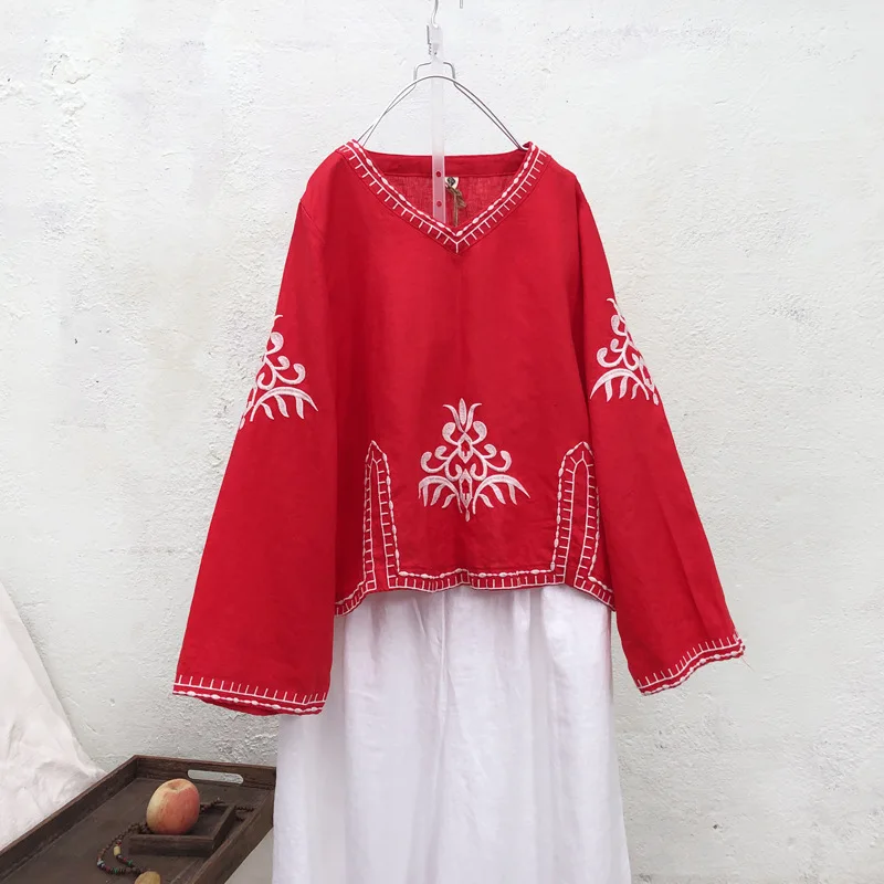 

Johnature Women Clothes 2019 New Autumn Tshirt V-neck Casual Full Sleeve Vintage Embroidery National Style Loose Women T Shirt