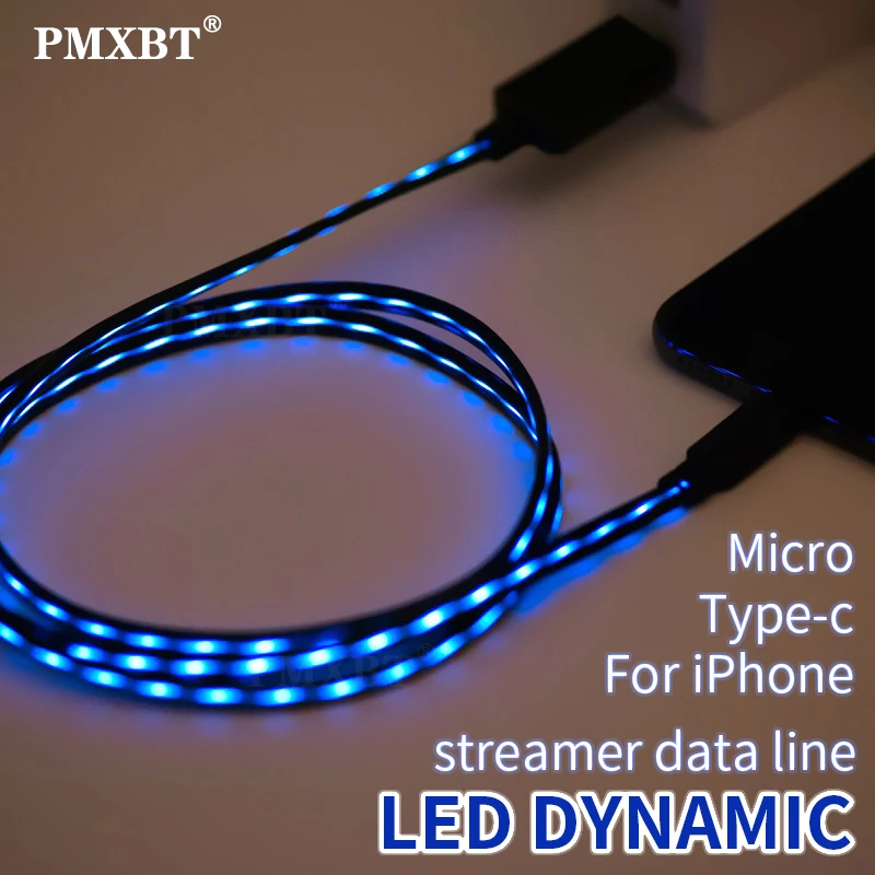 Светящийся светодиодный зарядный кабель Micro USB Type C для Samsung Huawei Xiaomi LG OPPO мобильный